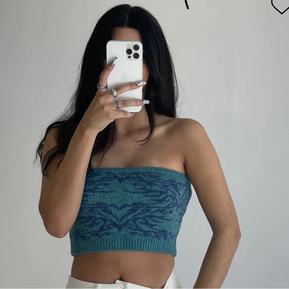 Blue Green Strapless Sweater Top